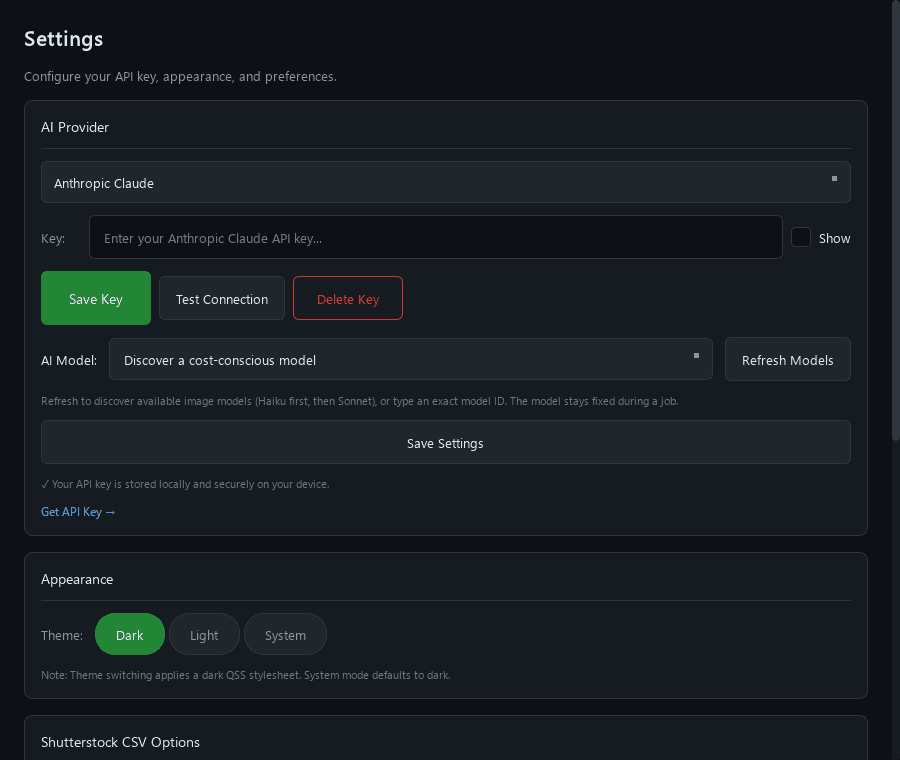 StockMeta Settings showing Anthropic Claude, secure API-key controls, the AI Model selector, and Refresh Models